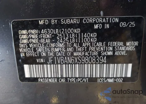 2025 Subaru Wrx Limited из США, поврежденный, VIN JF1VBAN6XS9808394